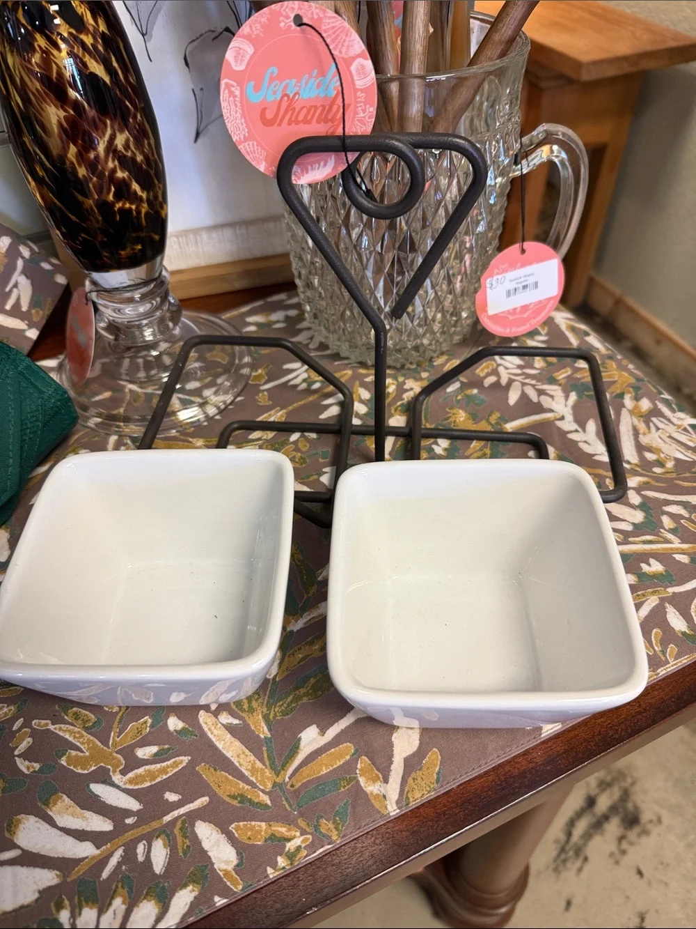 Pampered Chef White Ceramic Dip Bowls with Black Metal Stand